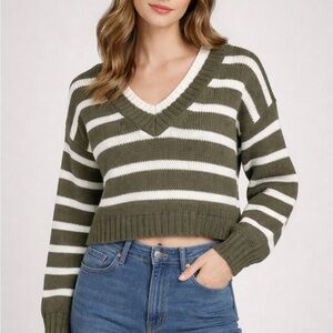 American Eagle Green White Crop Women's Knit Sweater Sz XS Beachy Boho Stripe